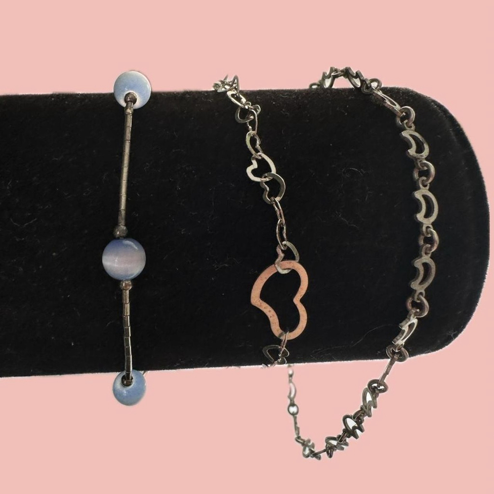 Silver Tone Bracelet Trio – Beaded, Heart Link & Twisted Chain